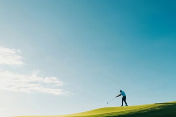 Golfer swings on a sunny day at a serene golf course under a clear blue sky