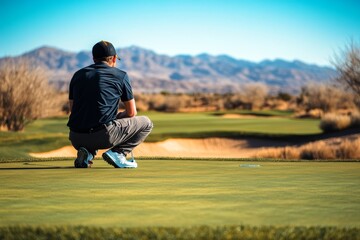 Golfer examines the green at a scenic course with mountains in the background during a sunny day