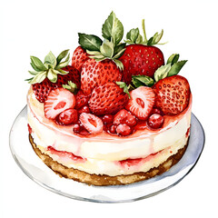strawberry Cheesecake and fruits painted in watercolor on a white background. Round frame . Tiramisu, fruits, dessert. Useful plants for beauty and health. Botanical illustration