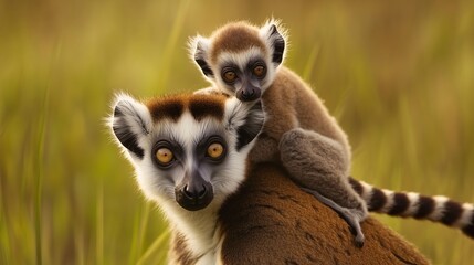 Obraz premium Ring-tailed lemur mother with baby on her back, set against a golden grassy background.