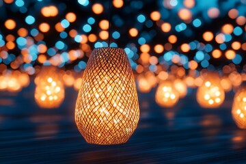 Fototapeta premium Illuminated Rattan Lampshade Festive Lights Background