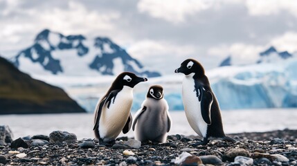 Obraz premium Penguin family of three standing on a rocky shoreline with icy mountains in the background.
