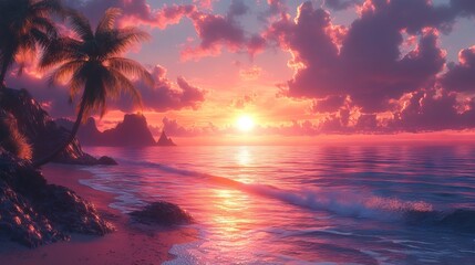 Stunning tropical beach sunset landscape featuring lush palm trees, vibrant golden sky, and serene ocean waves