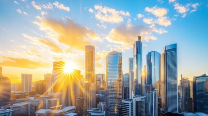 Fototapeta premium Stunning City Skyline at Sunset with Sunlight Glare