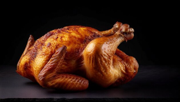 Close up photo of a whole fried chicken  with a plain black background