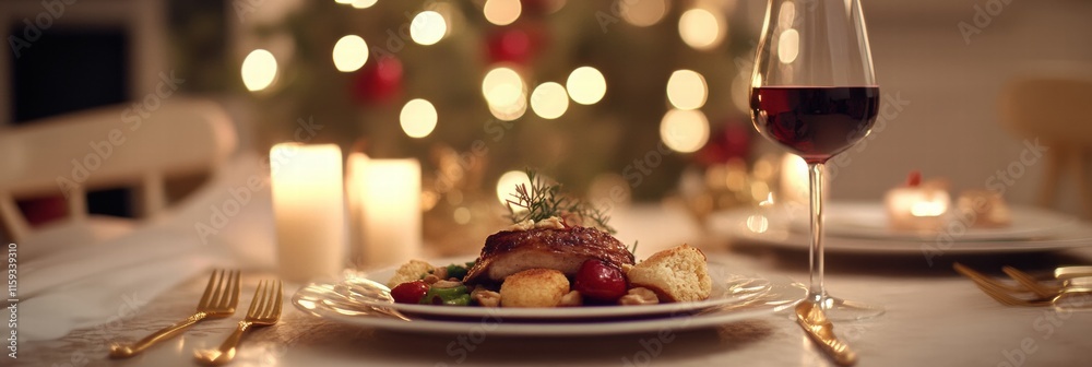 Poster luxurious dining experience featuring a gourmet dish with elegant table setting during a festive eve