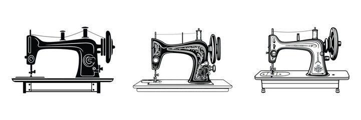 vintage sewing machine icon, silhouette, outline, vector, illustration, isolated on a white background