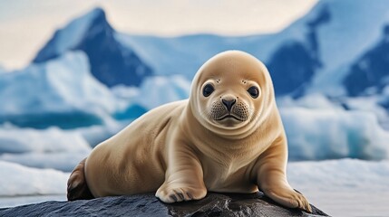 Cute baby seal resting on ice, surrounded by arctic scenery, showcasing its soft fur and innocent expression.