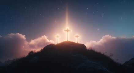 Ethereal Scene of Four Glowing Crosses on a Hilltop at Dusk Under a Starry Sky with Radiant Light Breaking Through Clouds