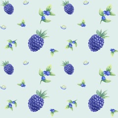 Blueberry and blackberry watercolor seamless pattern. Hand drawn illustration juicy wild berries bilberry and dewberry on light green for kitchen textile, fabric, food packaging, healthy food, recipe.