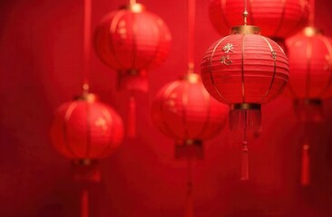 A colorful bunch of red Chinese lanterns are beautifully lit on red background