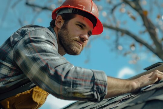 Man in a hard hat is working on a roof. He is wearing a plaid shirt and a red hat