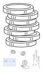Stack of coins, credit card, hand holding coin, upward arrows. Ideal for finance, banking investments growth savings transactions economic success. Line metaphor. Line metaphor. Simple line icons