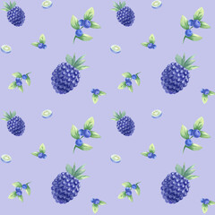 Blueberry and blackberry watercolor seamless pattern. Hand drawn illustration juicy wild berries bilberry and dewberry on lilac for kitchen textile, fabric, food packaging, healthy food and recipes.