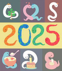 Small pictures of various snakes with festive illustrations