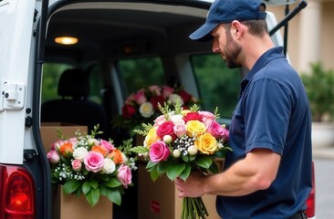 A male florist deliveryman takes flowers out of a van full of flowers, Flower Delivery Service