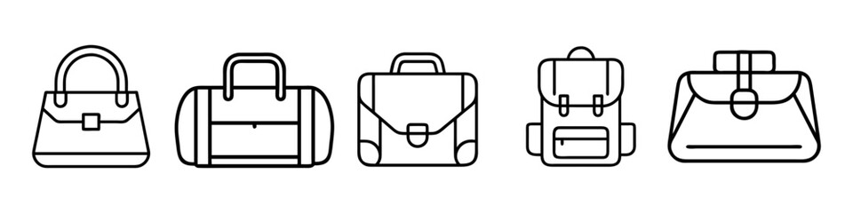 Variety of bag icons in line art - A collection of five black-and-white line icons featuring handbags, duffel bags, backpacks, and briefcases for travel and fashion themes.
