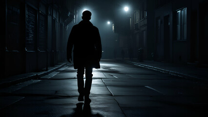 Unrecognizable Person Walking Alone on a Quiet Street Surrounded by Shadows in the Dark Night