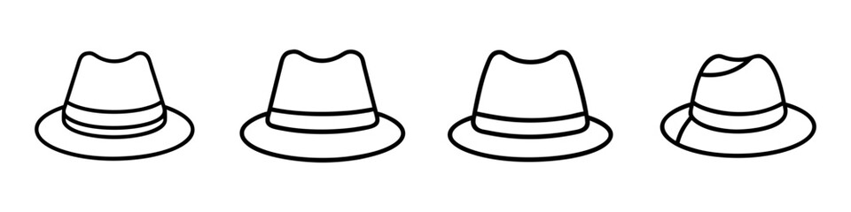 Set of Fedora Hat Icons in Line Art - Minimalist line art illustrations of classic fedora hats. Ideal for fashion, accessories, or design-related projects.
