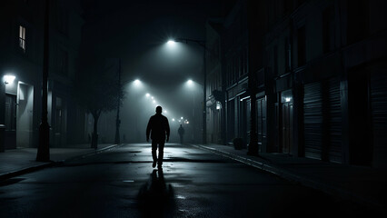Unrecognizable Person Walking Alone on a Quiet Street Surrounded by Shadows in the Dark Night