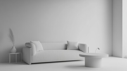 Elegant minimalist living room mockup with sparse furnishings. Featuring a clean, spacious layout with simple, modern lines