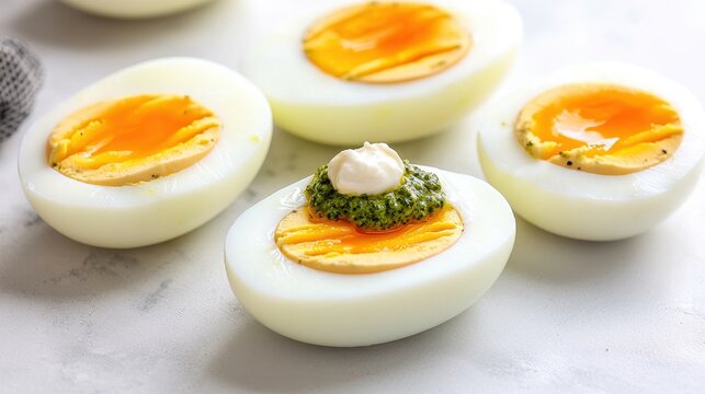 Simple garnish for boiled eggs neatly halved and topped with sauce