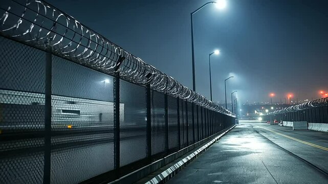A high-security industrial area with chain-link fencing topped with razor wire, concrete safety barriers, and warning lights flashing in the distance