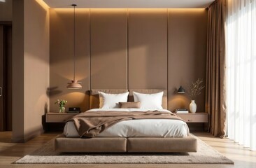 Luxury living room in warm Mocha mousse 2025 color trend. Brown walls, light gray lounge furniture. Empty background microcement for art