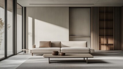 Fototapeta premium Elegant minimalist living room with minimal furniture. Featuring a clean, spacious layout with modern lines