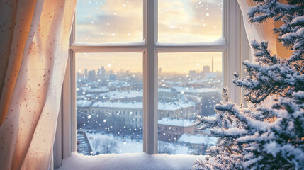 White window frame close-up with a beautiful winter city views