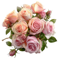 Naklejka premium Bouquet of soft pink and peach roses with green leaves, isolated on a transparent background for floral arrangements. 