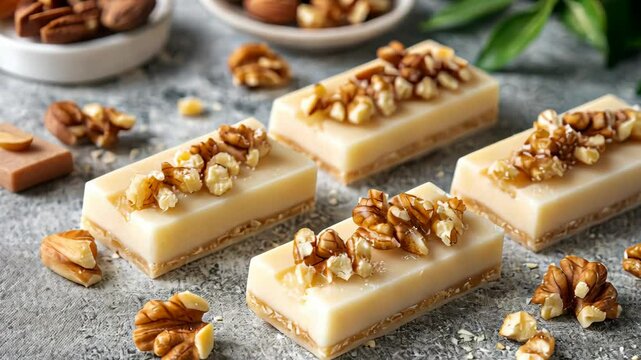 Sweet almond and walnut confection arranged beautifully on a textured surface with nuts
