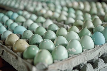 Obraz premium Colorful eggs in a row on trays