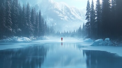An inspiring motivational quote set against a backdrop of a frozen lake surrounded by tall pines, encouraging resilience and determination.