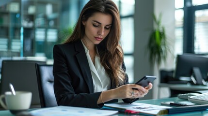 Fototapeta premium A professional woman on a business call in an office setting.