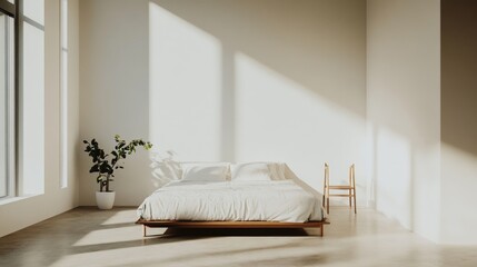 Elegant minimalist master bedroom with minimal furniture. Featuring a clean, open design with contemporary lines