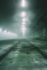 Misty hall with illuminated ceiling, rails, and green floor.
