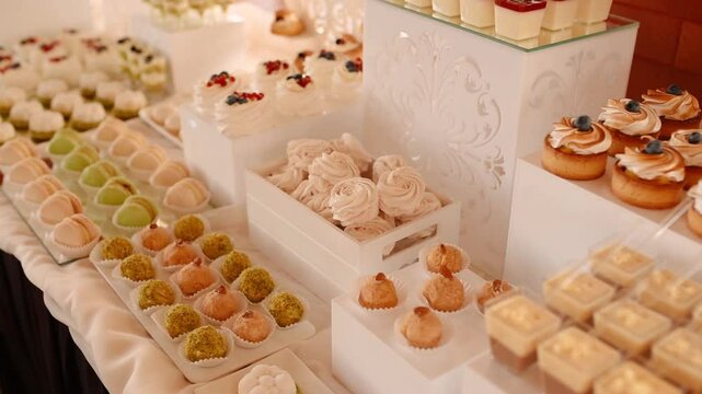 Close up view Candy Bar Wedding, candy buffet wedding move camera. delicious sweet turquoise snacks, candy bar with cupcakes, cakepops, macaroons, cake, bize and other sweets and cookies Banquet Hall