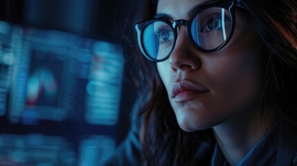 Woman in glasses focused on computer screen with holographic interface.
