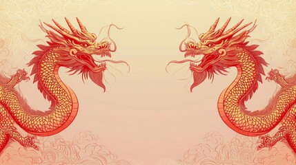 Fototapeta premium Two Majestic Red Chinese Dragons Facing Each Other