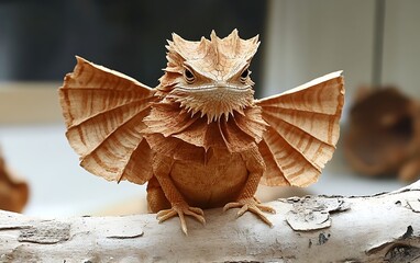 A frilled-neck lizard with its frill extended, perched on a branch, looking directly at the camera.