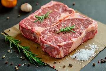 Fototapeta premium Premium cuts of beef on a rustic background with herbs and spices