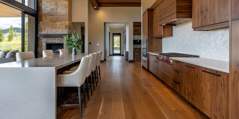 Spacious open plan kitchen featuring textured wood cabinetry, modern appliances, and large dining area. warm tones and natural light create inviting atmosphere