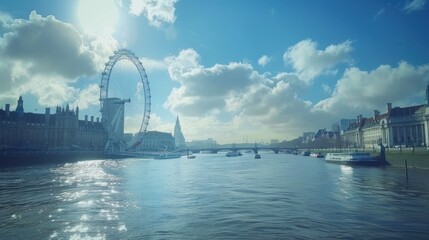 Obraz premium River view of city skyline with Ferris wheel on a bright sunny day.