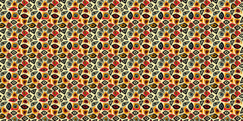 Abstract African art shapes seamless backgrounds, tribal geometric decoration patterns. Colored flat boho symbols illustrations