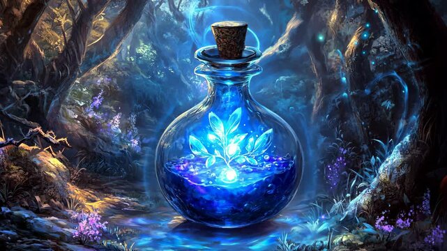 Colorful magical potion in glass bottle rests in enchanting forest surrounded by glowing plants
