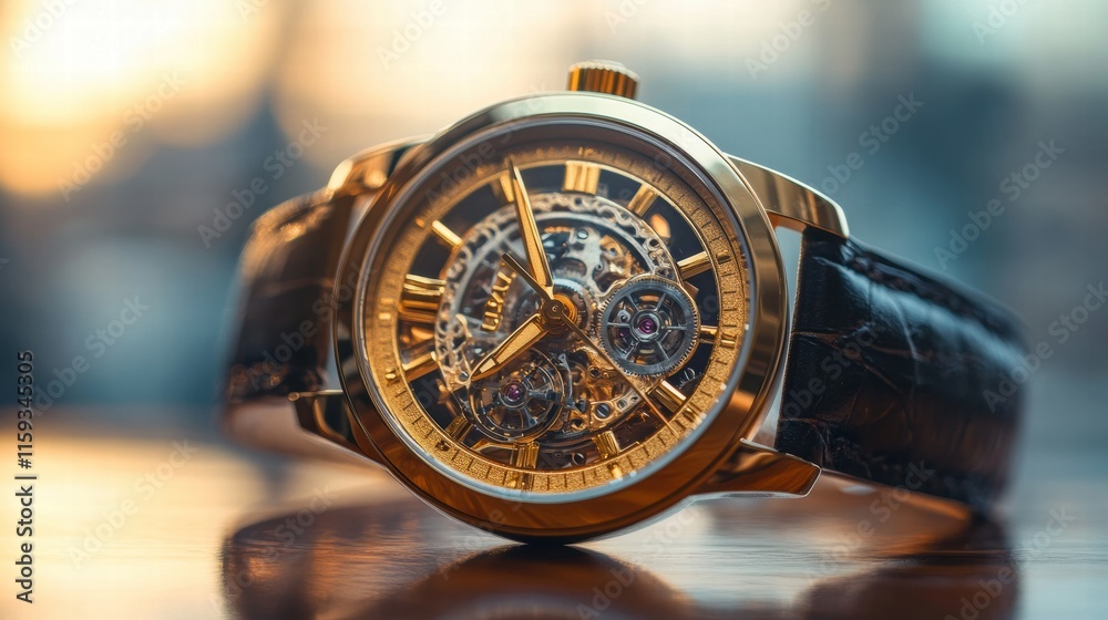Poster luxury wristwatch with golden frame showcasing intricate design and fine craftsmanship during sunset