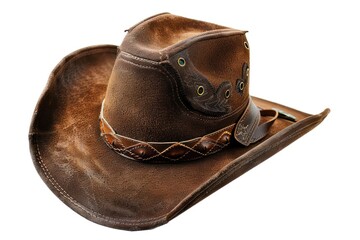Rustic brown cowboy hat with leather trim.