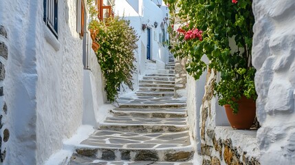 Whitewashed stone steps ascend between white buildings and vibrant foliage in a narrow alleyway.