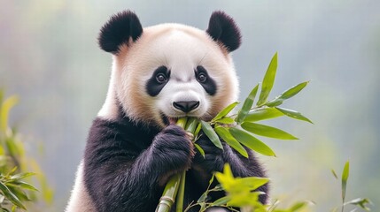 Fototapeta premium Panda enjoys bamboo while surrounded by lush greenery in a peaceful natural setting. Generative AI